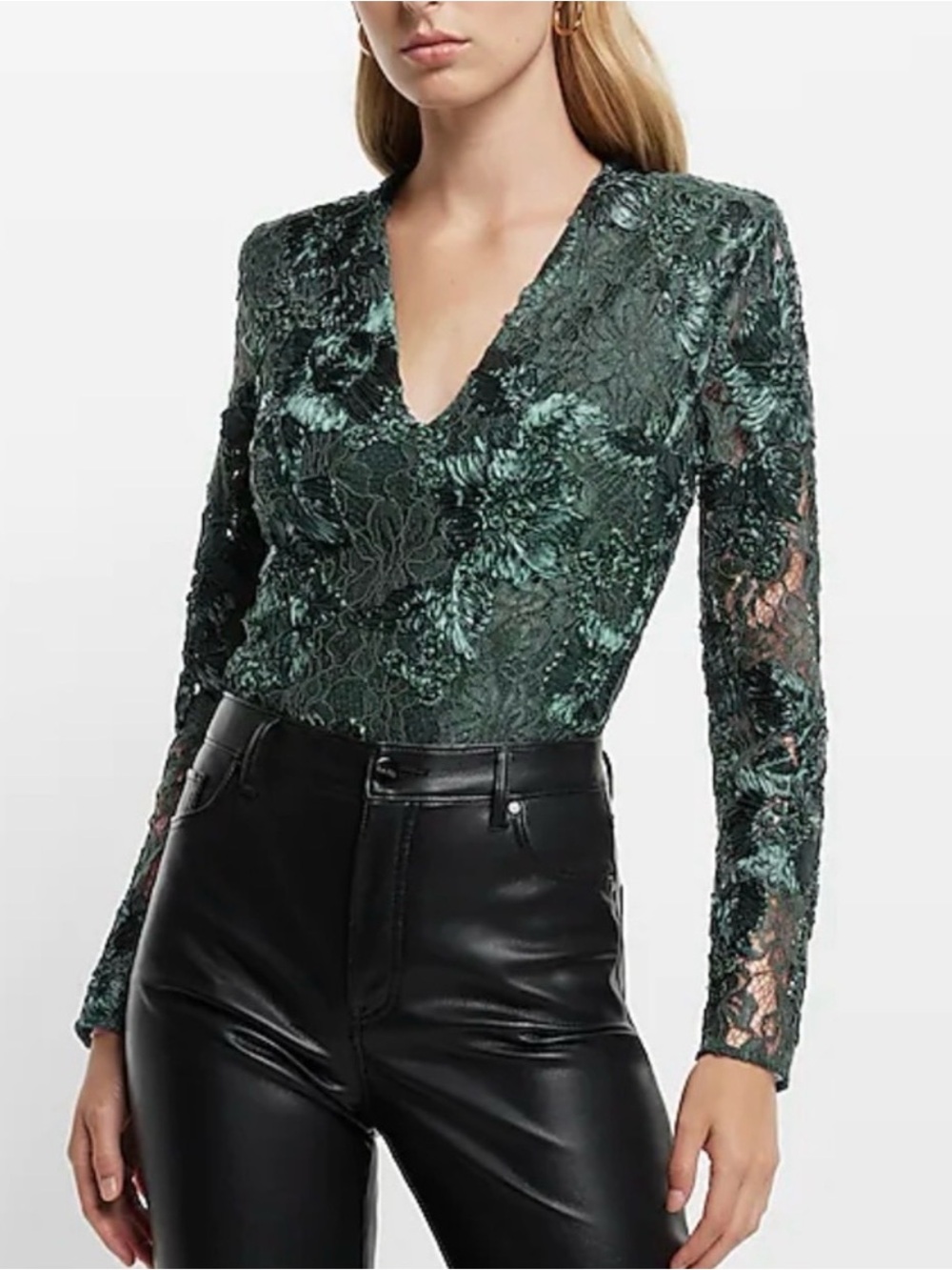 Express Emerald Lace V-Neck Bodysuit